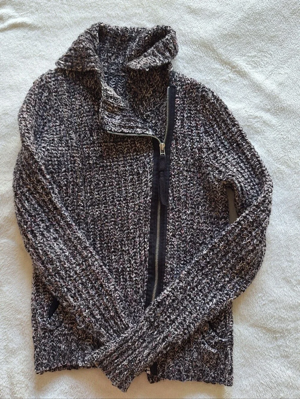 Free People Marbled Chunky Knit Moto Asymmetrical Zip Sweater Jacket Size XS